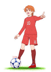 Rule 34 | 1girl, artist name, ball, commentary request, frown, grass, highres, kibou no chikara ~otona precure &#039;23~, long sleeves, looking to the side, natsuki rin, open mouth, orange hair, pointing, precure, red eyes, red footwear, red shirt, red shorts, red socks, satou yasu, shirt, shoes, short hair, shorts, signature, soccer, soccer ball, soccer uniform, socks, solo, sportswear, standing, white background, yes! precure 5, yes! precure 5 gogo!
