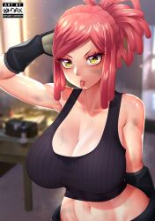 Rule 34 | 1girl, arm behind head, artist name, bare shoulders, boku no hero academia, breasts, cleavage, collarbone, dirty, dirty face, dreadlocks, gloves, hatsume mei, highres, huge breasts, large breasts, long hair, looking at viewer, navel, ohdax, pink hair, ponytail, shiny skin, sleeveless, solo, stomach, sweat, symbol-shaped pupils, tank top, tongue, tongue out, unusual pupils, yellow eyes