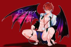 Rule 34 | 1boy, abs, arm support, barefoot, briefs, character name, demon tail, demon wings, english text, hypnosis mic, kannonzaka doppo, lanyard, loose necktie, male focus, male underwear, necktie, nipples, open clothes, open shirt, red background, red hair, sahara (hakuro ks), simple background, solo, spiked tail, squatting, tail, underwear, wings