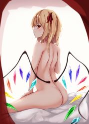 Rule 34 | 1girl, :o, ass, bed sheet, blonde hair, blush, commentary request, crystal, flandre scarlet, from behind, hair between eyes, hair ribbon, highres, kashiwagi yamine, long hair, looking at viewer, looking back, low wings, nude, one side up, parted lips, red eyes, red ribbon, ribbon, shoulder blades, sitting, solo, touhou, transparent, wings