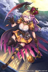Rule 34 | 1girl, :p, bat (animal), belt, black gloves, blonde hair, breasts, candy, choker, churayuki, city, cleavage, collar, corset, crown, fire, food, full body, gloves, gyakushuu no fantasica, halloween, jack-o&#039;-lantern, lantern, large breasts, lollipop, looking at viewer, miniskirt, moon, night, official art, orange skirt, original, outdoors, pouch, puffy short sleeves, puffy sleeves, purple eyes, rooftop, scythe, short sleeves, skirt, sky, smile, solo, striped clothes, striped thighhighs, thigh strap, thighhighs, tongue, tongue out, walking, zettai ryouiki