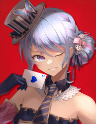 Rule 34 | 1girl, absurdres, ace (playing card), ace of hearts, bare shoulders, black dress, black gloves, black ribbon, blue hair, butterfly hat ornament, card, detached collar, dice hair ornament, dollive, dress, frilled dress, frills, gloves, hair bun, hair ornament, hair ribbon, hand up, hat, hat ornament, heart, highres, holding, holding card, maca petty, multicolored hair, necktie, one eye closed, open mouth, pink hair, playing card, purple eyes, purple necktie, red background, ribbon, simple background, smile, solo, strapless, strapless dress, streaked hair, swept bangs, tatty, tilted headwear, top hat, upper body, virtual youtuber, white hat
