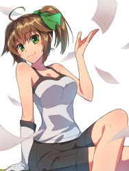 Rule 34 | 1girl, ahoge, asymmetrical gloves, black shorts, bow, breasts, brown hair, chiharu (9654784), cleavage, collarbone, crossed legs, gloves, green bow, green eyes, hair bow, highres, looking at viewer, medium breasts, original, shiny skin, shirt, short shorts, shorts, side ponytail, single glove, sitting, sleeveless, sleeveless shirt, smile, solo, uneven gloves, white gloves, white shirt