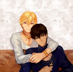 Rule 34 | 2boys, bad id, bad pixiv id, blonde hair, bracelet, brown eyes, brown hair, casual, cross, fate/stay night, fate/zero, fate (series), gilgamesh (fate), jewelry, kotomine kirei, male focus, multiple boys, necklace, official alternate costume, potatozoo, red eyes