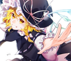 Rule 34 | + +, 1girl, black capelet, black skirt, black vest, blonde hair, bow, braid, capelet, commentary request, curly hair, frilled hat, frills, from side, grin, hair bow, hat, hat ribbon, highres, jill 07km, kirisame marisa, leaning forward, long hair, long sleeves, looking afar, outstretched arms, reaching, reaching towards viewer, ribbon, ribbon-trimmed capelet, signature, simple background, single braid, skirt, smile, solo, touhou, vest, white background, white bow, white ribbon, witch, witch hat, yellow eyes