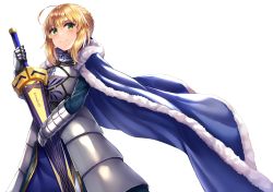 Rule 34 | 1girl, absurdres, ahoge, armor, artoria pendragon (all), artoria pendragon (fate), blonde hair, blush, braid, breastplate, cape, excalibur (fate/stay night), fate/stay night, fate (series), fur trim, gauntlets, green eyes, highres, holding, holding sword, holding weapon, nano (syoutamho), saber (fate), simple background, smile, solo, sword, weapon, white background