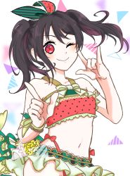 Rule 34 | 1girl, artist name, artist request, bare arms, bare shoulders, beach, bikini, black hair, blush, bow, collarbone, female focus, frilled bikini, frills, green ribbon, hair ribbon, love live!, love live! school idol festival, love live! school idol project, midriff, navel, one eye closed, outdoors, parted lips, polka dot, polka dot ribbon, red bow, red eyes, red footwear, red ribbon, ribbon, sidelocks, smile, solo, swimsuit, twintails, v, water, white background, yazawa nico