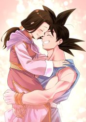 Rule 34 | 1boy, 1girl, :d, ^ ^, black hair, carrying, chi-chi (dragon ball), china dress, chinese clothes, clenched teeth, closed eyes, closed mouth, couple, dougi, dragon ball, dragonball z, dress, eyelashes, fingernails, forehead-to-forehead, gradient background, hands on another&#039;s shoulders, happy, heads together, hetero, husband and wife, long sleeves, low ponytail, mattari illust, muscular, neckerchief, open mouth, pink background, pink dress, ponytail, profile, purple neckerchief, simple background, smile, son goku, spiked hair, teeth, twitter username, upper body, white background, wide sleeves, wristband