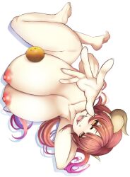 Rule 34 | 1girl, absurdres, ass, barefoot, breasts, collarbone, completely nude, curled horns, feet, food, fruit, gradient hair, highres, horns, huge breasts, ilulu (maidragon), kobayashi-san chi no maidragon, legs, looking at viewer, lying, mandarin orange, mikado ryouma, multicolored hair, nipples, nude, on side, open mouth, pink hair, red eyes, red hair, sharp teeth, simple background, slit pupils, smile, soles, solo, teeth, toes, white background