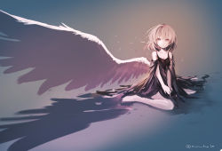 Rule 34 | 1girl, :|, aecaevra, bad id, bad pixiv id, bare legs, barefoot, black dress, closed mouth, commentary, dress, feathered wings, full body, hair between eyes, hands on lap, highres, kishin sagume, large wings, looking at viewer, on ground, red eyes, short hair, single wing, sitting, solo, touhou, twitter username, v arms, wariza, white hair, white wings, wings