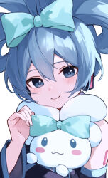 Rule 34 | 1girl, :3, bare shoulders, black sleeves, blue bow, blue eyes, blue hair, blush stickers, bow, cinnamiku, cinnamoroll, closed mouth, commentary, creature, detached sleeves, folded twintails, hair between eyes, hair bow, hand up, hatsune miku, headset, highres, holding, holding creature, light blush, long hair, looking at viewer, number tattoo, rakugaki ningen, sanrio, shoulder tattoo, smile, tattoo, tied ears, twintails, upper body, vocaloid, white background