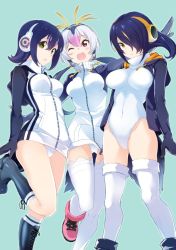Rule 34 | 10s, 3girls, :o, ;d, bare legs, black footwear, black hair, blue background, blush, boots, breasts, brown eyes, collar, cross-laced footwear, crotch, drawstring, emperor penguin (kemono friends), expressionless, eyelashes, grey hair, hair between eyes, hair ornament, hair over one eye, headphones, hood, hooded jacket, humboldt penguin (kemono friends), jacket, kemono friends, knee boots, lace-up boots, large breasts, leg up, leotard, long hair, long sleeves, looking at viewer, low twintails, mirai denki, multicolored hair, multiple girls, navel, one eye closed, open clothes, open jacket, open mouth, orange hair, outstretched arms, pink footwear, pocket, red eyes, royal penguin (kemono friends), shoelaces, short hair, sidelocks, simple background, smile, socks, tareme, teeth, thighhighs, tsurime, turtleneck, twintails, two-tone hair, white hair, white leotard, yellow eyes, zipper