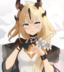 Rule 34 | 1girl, ahoge, arknights, black gloves, blonde hair, blue eyes, blush, dr.lamina, dragon girl, dragon horns, dress, flower, gloves, highres, horns, infection monitor (arknights), light in heart, long hair, looking at viewer, official alternate costume, open mouth, pov, reed (arknights), reed the flame shadow (arknights), single glove, solo, upper body, white dress, white flower, x fingers