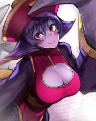 Rule 34 | 1girl, blue hair, blue skin, blush, blush stickers, breasts, capcom, chinese clothes, claws, cleavage, cleavage cutout, clothing cutout, colored skin, flipped hair, hat, highres, jiangshi, large breasts, lei lei, nishiide kengorou, ofuda, qingdai guanmao, red eyes, short hair, smile, solo, vampire (game)