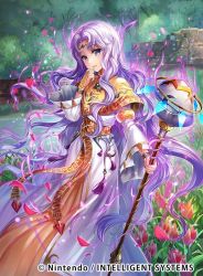 Rule 34 | 1girl, blue eyes, bridal gauntlets, chachie, circlet, commentary, company name, copyright name, dress, fire emblem, fire emblem: thracia 776, fire emblem cipher, flower, grass, jewelry, long hair, looking at viewer, necklace, nintendo, official art, outdoors, purple hair, sara (fire emblem), smile, solo, staff, very long hair, wide sleeves