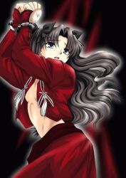 Rule 34 | 1girl, archer (fate), archer (fate) (cosplay), bdsm, black hair, bondage, bound, cosplay, fate/stay night, fate (series), hazama (perdition), long hair, open clothes, open shirt, shirt, solo, tohsaka rin, two side up