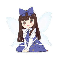 Rule 34 | 1girl, :d, blue dress, blunt bangs, blush, bow, brown eyes, brown hair, chibi, crys (dai), dress, fairy wings, full body, hair bow, highres, long hair, open mouth, simple background, sitting, smile, solo, star (symbol), star print, star sapphire, touhou, very long hair, wariza, white background, wings