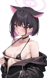 Rule 34 | 1girl, animal ears, black bra, black choker, black hair, black jacket, blue archive, blush, bra, breasts, choker, collarbone, colored inner hair, commentary, extra ears, hair ornament, hairclip, halo, highres, jacket, kazusa (blue archive), looking at viewer, marisasu (marisa0904), medium breasts, multicolored hair, parted lips, pink eyes, pink hair, pink halo, short hair, simple background, slit pupils, solo, symbol-only commentary, underwear, upper body, white background