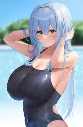 Rule 34 | 1girl, bare arms, bare shoulders, black one-piece swimsuit, blue hair, breasts, cleavage, closed mouth, collarbone, covered navel, day, futon fly away, green eyes, hands up, highres, large breasts, long hair, mole, mole under eye, one-piece swimsuit, original, outdoors, pool, smile, solo, swimsuit, upper body, water, wet