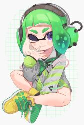Rule 34 | 1girl, ;), aqua hair, between legs, blunt bangs, blush stickers, closed mouth, commentary request, finger to mouth, full body, gradient hair, green hair, grey jacket, grid background, hand between legs, headphones, highres, indian style, inkling, inkling girl, inkling player character, jacket, medium hair, multicolored clothes, multicolored footwear, multicolored hair, multicolored jacket, nintendo, one eye closed, purple eyes, sahata saba, shoes, sitting, smile, sneakers, solo, splatoon (series), splatoon 3, suction cups, tentacle hair, thick eyebrows, two-tone hair, white background, yellow footwear, zipper, zipper pull tab