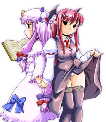 Rule 34 | 2girls, armband, back-to-back, bat wings, black legwear, blunt bangs, blush, book, bow, breasts, buttons, capelet, clothes lift, crescent, dress, dress shirt, e-kingdom, expressionless, hair ribbon, hat, hat bow, head wings, holding, holding book, holding hands, juliet sleeves, koakuma, lace, lace-trimmed legwear, lace trim, long hair, long sleeves, looking at viewer, low-tied long hair, mob cap, multiple girls, necktie, open book, panties, pantyshot, patchouli knowledge, pointy ears, puffy sleeves, purple dress, purple eyes, purple hair, reading, red eyes, red hair, ribbon, shirt, sidelocks, simple background, skirt, skirt lift, skirt set, thighhighs, touhou, tress ribbon, underwear, very long hair, white background, white panties, white shirt, wings, zettai ryouiki