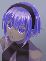 Rule 34 | 1girl, black hairband, breasts, cleavage, commentary request, dark-skinned female, dark skin, fate/grand order, fate (series), grey background, hairband, halterneck, hassan of serenity (fate), lo lis, medium breasts, purple eyes, purple hair, short hair, signature, solo, upper body, very dark skin