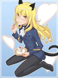Rule 34 | 1girl, animal ears, black pantyhose, blonde hair, cake, cake slice, cat ears, cat tail, eating, food, fruit, glasses, heart, highres, kawaguchi hyoue, long hair, looking at viewer, military, military uniform, no shoes, pantyhose, perrine h. clostermann, plate, sitting, smile, solo, strawberry, strawberry shortcake, strike witches, tail, uniform, utensil in mouth, wariza, world witches series, yellow eyes