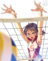 Rule 34 | 1girl, armpits, arms up, artist logo, bad id, bad pixiv id, ball, bandages, blocking, blurry, blurry foreground, brown eyes, brown hair, commentary, depth of field, frown, girls und panzer, jumping, kawanishi shinobu, open mouth, pairan, playing sports, red shirt, red shorts, shirt, short hair, short ponytail, shorts, single vertical stripe, sleeveless, sleeveless shirt, solo, sportswear, sweat, swept bangs, v-shaped eyebrows, volleyball, volleyball (object), volleyball net, volleyball uniform, white background