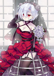 Rule 34 | 1girl, arm up, azur lane, bad id, bad pixiv id, bare shoulders, black thighhighs, blush, bolt, bouquet, breasts, bridal veil, cleavage, collarbone, commentary request, criss-cross halter, day, detached sleeves, dress, flower, garter straps, hair over one eye, hairband, halterneck, highres, holding, holding bouquet, hoop skirt, indoors, isao (wasamoti), layered dress, long sleeves, medium breasts, parted lips, petals, pleated dress, red dress, rose, see-through, silver hair, solo, standing, stitches, sunlight, terror (azur lane), thighhighs, tiara, veil, white flower, white rose, window