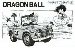 Rule 34 | 1girl, 2boys, :d, absurdres, black eyes, black hair, black ribbon, border, braid, braided ponytail, bulma, car, closed mouth, cloud, cloudy sky, convertible, copyright name, crossed arms, crossed legs, dirt road, dougi, dragon ball, dragon ball (classic), driving, expressionless, facing away, facing viewer, flying nimbus, full body, grass, greyscale, hair ribbon, happy, highres, horizon, indian style, leaning forward, looking afar, looking at another, looking down, looking to the side, looking up, messy hair, monochrome, motor vehicle, multiple boys, ruyi jingu bang, official art, oolong, open mouth, outdoors, outside border, palm tree, profile, radio antenna, rear-view mirror, ribbon, road, shirt, short sleeves, sitting, sky, smile, son goku, spiked hair, steering wheel, toriyama akira, tree, vehicle focus, white border, white shirt, wristband