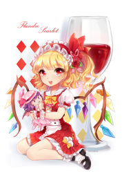 Rule 34 | 1girl, adapted costume, ankle socks, artist name, blonde hair, character doll, character name, cup, curly hair, drinking glass, flandre scarlet, flower, hair flower, hair ornament, hairband, lolita hairband, looking at viewer, mary janes, open mouth, oversized object, patterned background, puffy short sleeves, puffy sleeves, red eyes, red flower, red rose, remilia scarlet, ribbon, rose, sera (mrvles), shoes, short hair, short sleeves, side ponytail, sitting, skirt, skirt set, socks, solo, touhou, wariza, white background, wine glass, wings, wrist cuffs