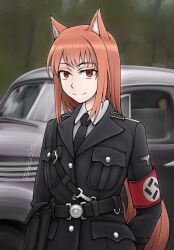 Rule 34 | 1girl, alternate costume, animal ears, armband, arms at sides, artist name, belt, belt buckle, black belt, black jacket, black necktie, black straps, breast pocket, brown eyes, buckle, buttons, car, censored, closed mouth, collar tabs, collared shirt, cuff title, day, highres, holo, jacket, lapels, long hair, looking at viewer, military, military jacket, military uniform, motor vehicle, nazi, necktie, notched lapels, opel (company), opel kapitan, orange hair, outdoors, patch, pocket, pointless censoring, pouch, red armband, reichsadler, sanpaku, sheath, shirt, shoulder strap, sidelocks, smile, solo, spice and wolf, ss insignia, ss uniform, straight hair, strap, swastika, third-party source, uniform, upper body, waffen-ss, white shirt, wolf ears, wolf girl, world war ii, zap-nik