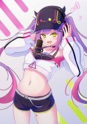 Rule 34 | 1girl, :d, anichika, arms up, baseball cap, bibi (tokoyami towa), black choker, black hat, black shorts, choker, collarbone, colored inner hair, commentary request, crop top, cropped jacket, fake horns, fang, green eyes, green nails, halterneck, hat, headphones, highres, hololive, horned headwear, horns, jacket, long hair, long sleeves, looking at viewer, midriff, multicolored hair, multicolored nails, nail polish, navel, navel piercing, off shoulder, open mouth, piercing, pink hair, purple hair, purple nails, short shorts, shorts, simple background, smile, solo, tokoyami towa, twintails, very long hair, virtual youtuber, white jacket