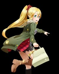 Rule 34 | 10s, 1girl, black skirt, blonde hair, boots, brown footwear, coat, floating hair, green coat, green eyes, hair between eyes, hair ornament, hair scrunchie, high ponytail, index finger raised, layered skirt, leafa, leg up, looking at viewer, open mouth, outstretched arm, pointy ears, scrunchie, skirt, solo, standing, sword art online, transparent background