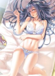 Rule 34 | 1girl, absurdres, barefoot, bed, blue bra, blue panties, blush, bow, bow bra, bow panties, bra, breasts, cleavage, crotch seam, frilled bra, frilled panties, frills, from above, grey hair, half-closed eyes, head tilt, highres, indoors, kannatsuki noboru, large breasts, long hair, looking at viewer, lying, magical explorer, mizumori yukine, navel, on back, on bed, open mouth, panties, pillow, purple eyes, solo, underwear, underwear only