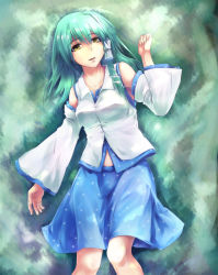 Rule 34 | 1girl, akino komichi, blue skirt, blush, brown eyes, collarbone, detached sleeves, female focus, frog hair ornament, from above, green hair, hair ornament, kochiya sanae, long hair, looking at viewer, lying, nontraditional miko, on back, skirt, solo, touhou, vest