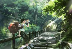Rule 34 | 1girl, backpack, bag, baseball cap, bayashiko, black hat, black pants, black shorts, bottle, closed eyes, commentary request, day, drinking, fence, forest, hand up, hat, light rays, monkey, nature, negative space, original, outdoors, pants, path, road, scenery, shirt, shoes, short sleeves, shorts, sitting, solo, stairs, sweatdrop, tree, water bottle, white shirt, wide shot, wooden fence