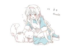 Rule 34 | 1girl, animal, animal name, apron, arm support, blue dress, blush stickers, buttons, cat, closed eyes, collar, collared dress, commentary, dress, fluffy, frilled apron, frilled dress, frills, hair ribbon, highres, kagerou project, kozakura marry, limited palette, long hair, looking down, mekakucity actors, no shoes, pastel colors, petting, pink eyes, pink ribbon, ribbon, sa-fu (sfmk39), simple background, sitting, socks, solo, translated, two-tone dress, very long hair, wariza, wavy hair, white apron, white background, white cat, white dress, white socks
