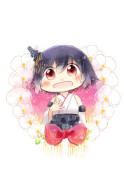 Rule 34 | 10s, 1girl, :d, black hair, blush, chibi, detached sleeves, flower, hair ornament, hinata yuu, kantai collection, looking at viewer, nontraditional miko, open mouth, red eyes, short hair, smile, solo, yamashiro (kancolle)
