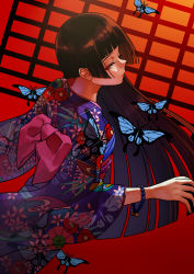 Rule 34 | 1girl, black hair, bug, butterfly, enma ai, from behind, highres, bug, japanese clothes, jigoku shoujo, kimono, long hair, looking back, red eyes, solo, teiuyou