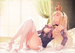 Rule 34 | 1girl, alternate breast size, armpits, azur lane, bare shoulders, blonde hair, blue ribbon, blush, bow, breasts, closed eyes, closed mouth, commentary request, crown, curtains, day, detached sleeves, female masturbation, gloves, hair bow, hairband, highres, indoors, knees up, leaning back, long hair, masturbation, mini crown, neck ribbon, nipples, on bed, queen elizabeth (azur lane), ribbon, shirt slip, sidelocks, sitting, skirt, small breasts, solo, sunlight, suwakana, thighhighs, wallpaper (object), white bow, white gloves, white thighhighs, window