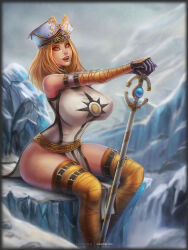 Rule 34 | 1girl, ass, blonde hair, breasts, curvy, highres, huge ass, huge breasts, looking at viewer, open mouth, orange eyes, paletress (world of warcraft), priestess, sitting, staff, tabard, thick thighs, thighs, tight clothes, vempire, warcraft, wide hips, world of warcraft
