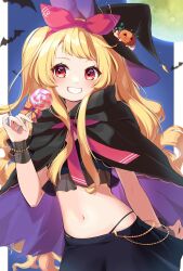 Rule 34 | 1girl, aisu (i ce pinon pino), alternate costume, azur lane, bat (animal), black cape, black skirt, blonde hair, blush, border, bow, candy, cape, commission, cowboy shot, food, grin, hair bow, halloween costume, hat, highres, holding, holding candy, holding food, holding lollipop, jenkins (azur lane), lollipop, long hair, looking at viewer, midriff, moon, navel, night, night sky, open mouth, outside border, pumpkin hat ornament, purple cape, red bow, red eyes, skeb commission, skirt, sky, smile, solo, star (sky), tilted headwear, two-tone cape, white border, witch hat