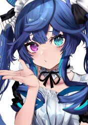 Rule 34 | 1girl, @ @, alternate costume, blue eyes, blue hair, choker, enmaided, frilled choker, frills, heterochromia, highres, long hair, looking at viewer, maid, pink eyes, pout, simple background, solo, toa510, twin turbo (umamusume), umamusume, upper body, white background, white choker
