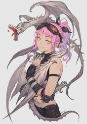 Rule 34 | animal, animal on shoulder, bare shoulders, black gloves, black shirt, blush, bow, closed mouth, dragon, fang, fishnet armwear, fishnets, gloves, goggles, hair bow, hair ornament, hand up, heart, highres, holding, holding animal, light smile, looking at viewer, medium hair, morry, original, pink hair, pointy ears, ponytail, pouch, shirt, signature, simple background, white background, wristband, wyvern, yellow eyes