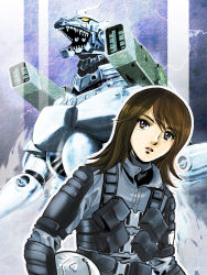 Rule 34 | 1girl, ammunition backpack, anti-megalosaurus force, back unit, boosters, brown eyes, brown hair, cannon, cyborg, directed-energy weapon, energy cannon, energy weapon, female focus, godzilla (series), godzilla against mechagodzilla, japan self-defense force, jetpack, jxsdf, kaijuu, kiryu (godzilla), lightning, maser cannon, mecha, mechagodzilla, military, military uniform, military vehicle, military weapon, missile launcher, missile pod, mouth cannon, pilot suit, puchikotei, roaring, robot, rocket launcher, rocket pod, short hair, shoulder cannon, shoulder gun, tactical clothes, thrusters, thunder, toho, type-99 twin maser cannon, uniform, weapon, yashiro akane