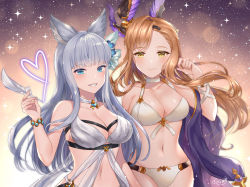 Rule 34 | 2girls, animal ears, bare shoulders, bikini, blue eyes, blush, bracelet, breasts, brown hair, choker, cleavage, closed mouth, collarbone, commentary request, cowboy shot, erune, feathers, floating hair, front-tie bikini top, front-tie top, granblue fantasy, grin, hair ornament, hairclip, hand up, headgear, heart, holding, jewelry, korwa, korwa (summer) (granblue fantasy), large breasts, light particles, long hair, looking at viewer, multiple girls, naomi (fantasia), navel, quill, see-through, silver hair, smile, sparkle, standing, stomach, swimsuit, tweyen (eternal&#039;s summer vacation) (granblue fantasy), tweyen (granblue fantasy), white bikini, white choker, yellow eyes