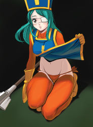 Rule 34 | 1girl, bad id, bad pixiv id, blush, chunsoft, clothes lift, dragon quest, dragon quest iii, enix, eyepatch, full body, green hair, hat, kneeling, kouno (masao), long hair, mace, mitre, orange thighhighs, panties, priest (dq3), red eyes, shirt lift, side-tie panties, solo, tabard, thighhighs, underwear, weapon