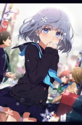 Rule 34 | 1boy, 3girls, ahoge, blue eyes, blue skirt, blurry, blush, brown hair, cardigan, collared shirt, commentary, depth of field, dress shirt, dutch angle, grey hair, hair ornament, hand to own mouth, letterboxed, looking at viewer, looking up, multiple girls, neckerchief, necktie, ogipote, original, pocket, purple eyes, red hair, school uniform, serafuku, shirt, short hair, skirt, sleeves past wrists, snow, snowflake hair ornament, snowflakes, solo focus, sparkle, standing, thighs, white shirt, wind
