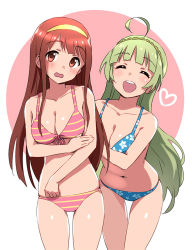 Rule 34 | 10s, 2girls, ahoge, bad id, bad pixiv id, bikini, blush, breasts, cleavage, closed eyes, floral print, front-tie top, green hair, idolmaster, idolmaster million live!, long hair, multiple girls, navel, open mouth, red eyes, red hair, shimabara elena, skindentation, smile, sonsoso, striped bikini, striped clothes, swimsuit, tanaka kotoha, thigh gap